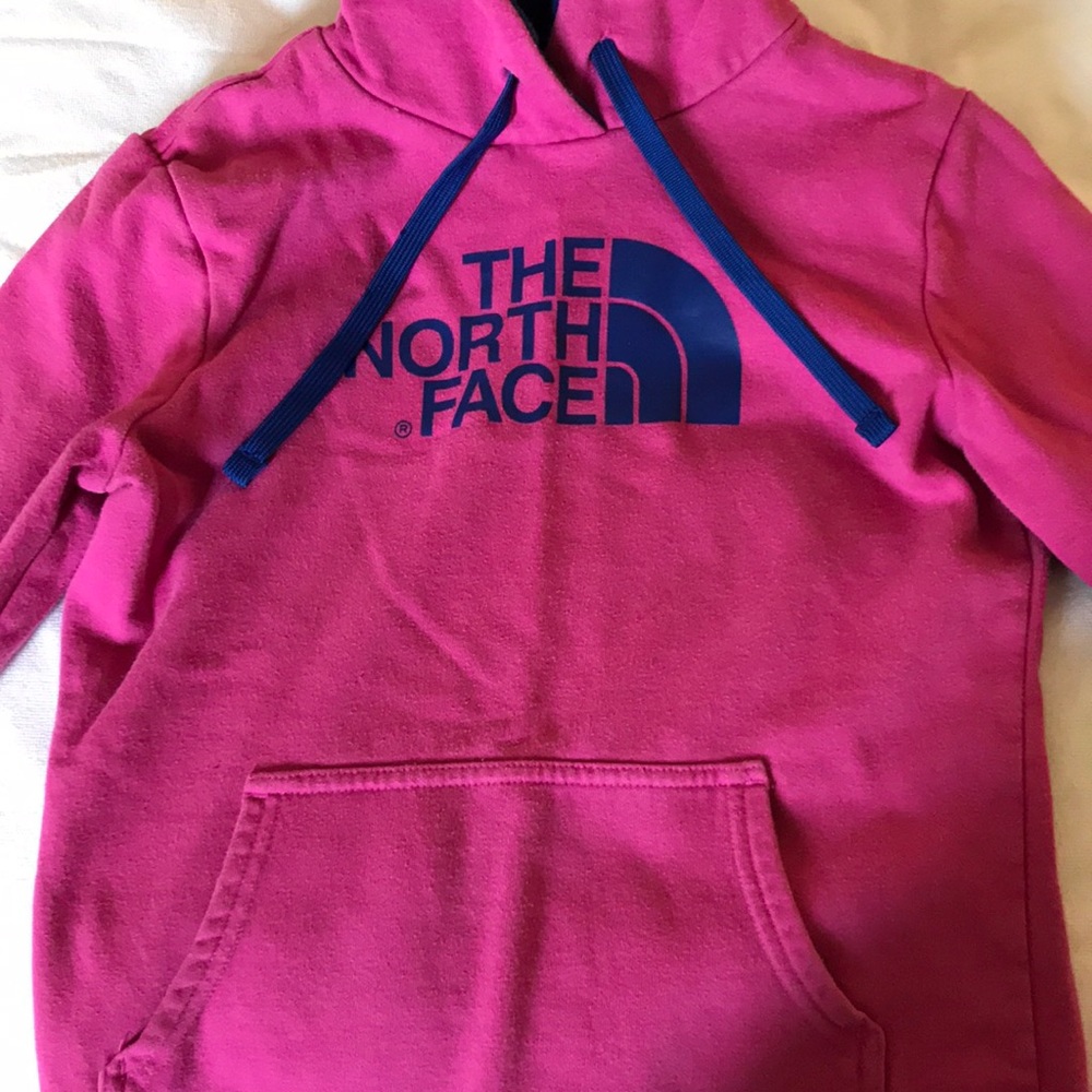 Pink & Navy Blue North Face hooded sweatshirt